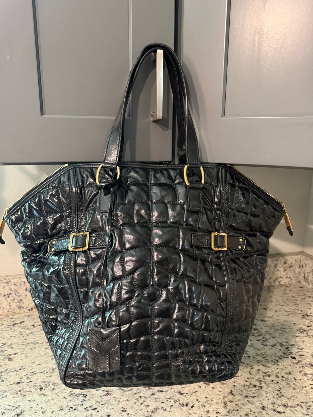 Yves Saint Laurent Black Croc embossed Patent Leather Large Downtown Tote Bag